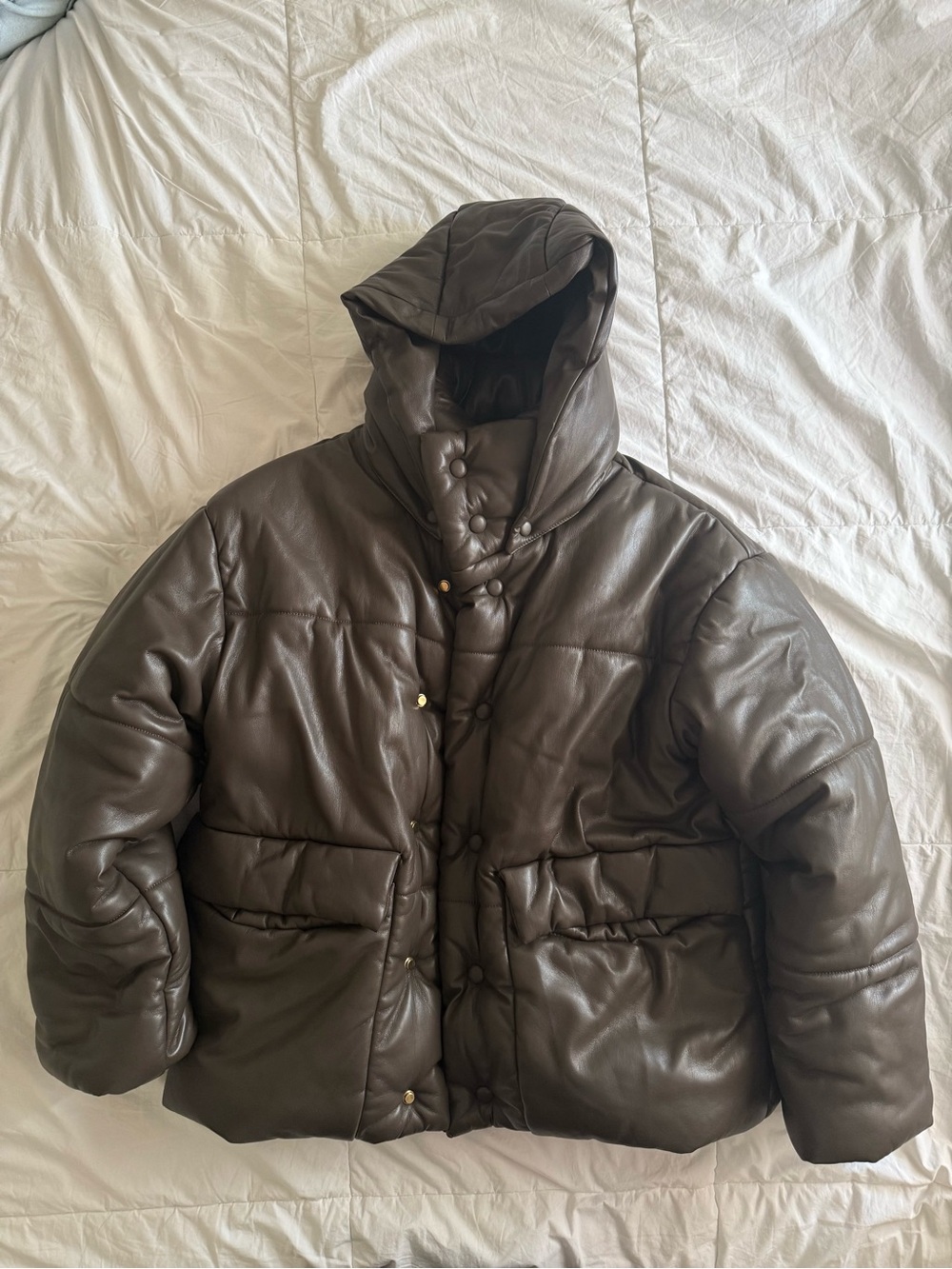 Nanushka Men's Hooded Puffer Jacket in Dark Brown Leather-Like Finish